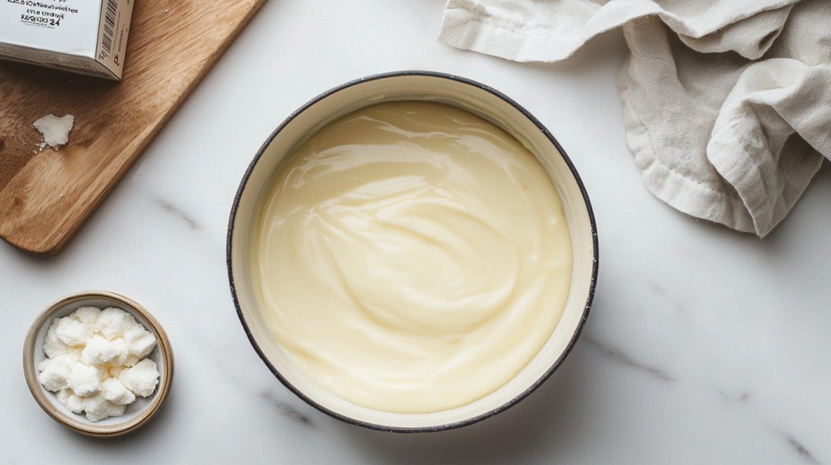 Béchamel à la maïzena dans une casserole en céramique, boîte de maïzena visible à côté, texture onctueuse et lisse