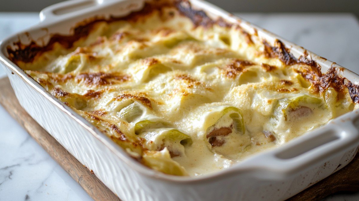 Plat d'endives au jambon gratinées, sauce béchamel dorée visible, plat céramique artisanal sur marbre blanc, lumière naturelle chaude