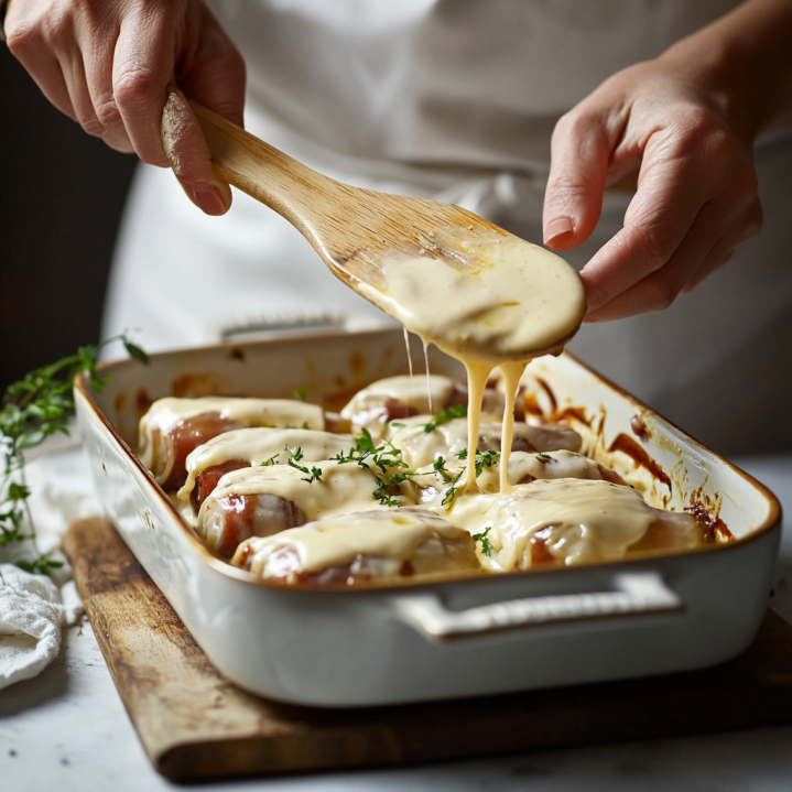 Mains Camille étalant la béchamel sur des roulés endives-jambon dans plat à gratin céramique, spatule en bois, lumière naturelle