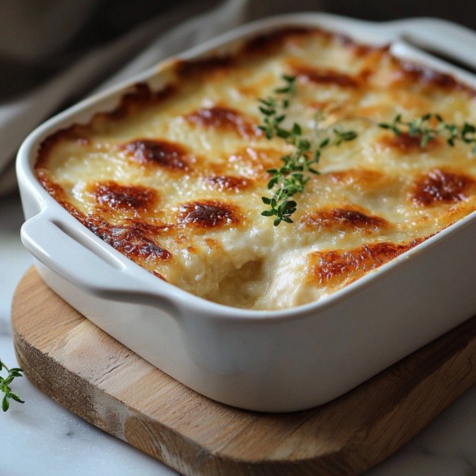 Gratin maison doré avec béchamel crémeuse dans un plat en céramique sur marbre blanc
