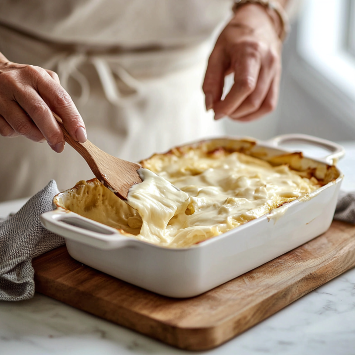 Technique nappage béchamel pour gratin doré — geste de répartition mains authentiques
