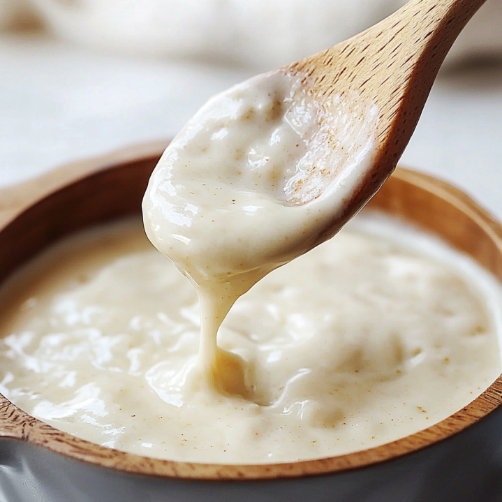 Consistance béchamel idéale pour gratin — texture fluide et nappante sur cuillère en bois
