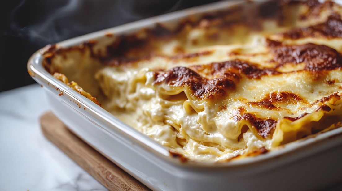 Lasagnes maison avec béchamel dorée dans un plat en céramique sur marbre blanc