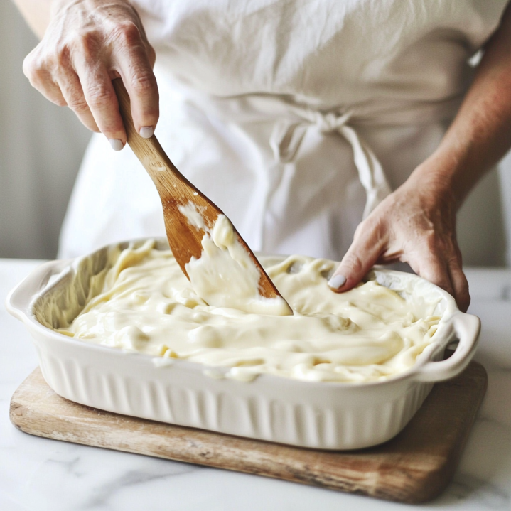 Technique montage lasagnes avec béchamel — geste de nappage mains authentiques