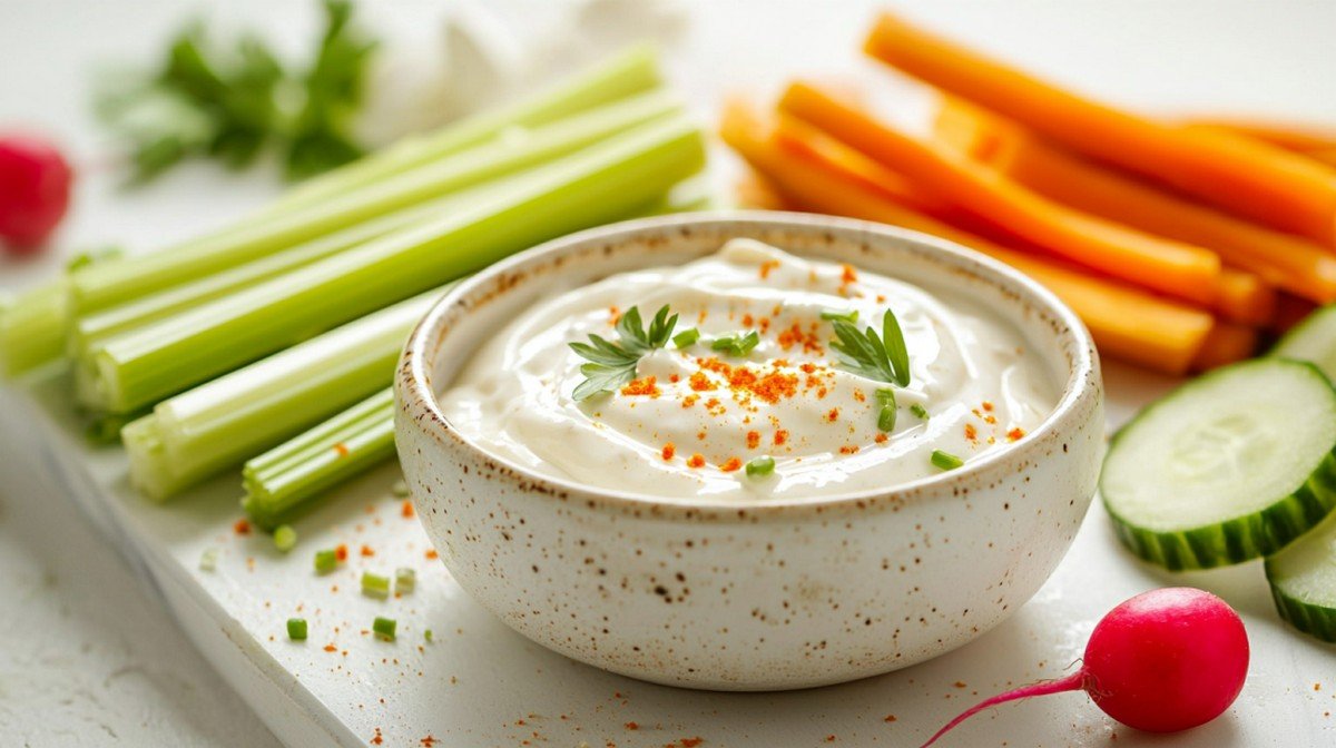 Sauce fromage blanc pour crudités dans un bol en céramique — plateau apéro maison sur marbre blanc