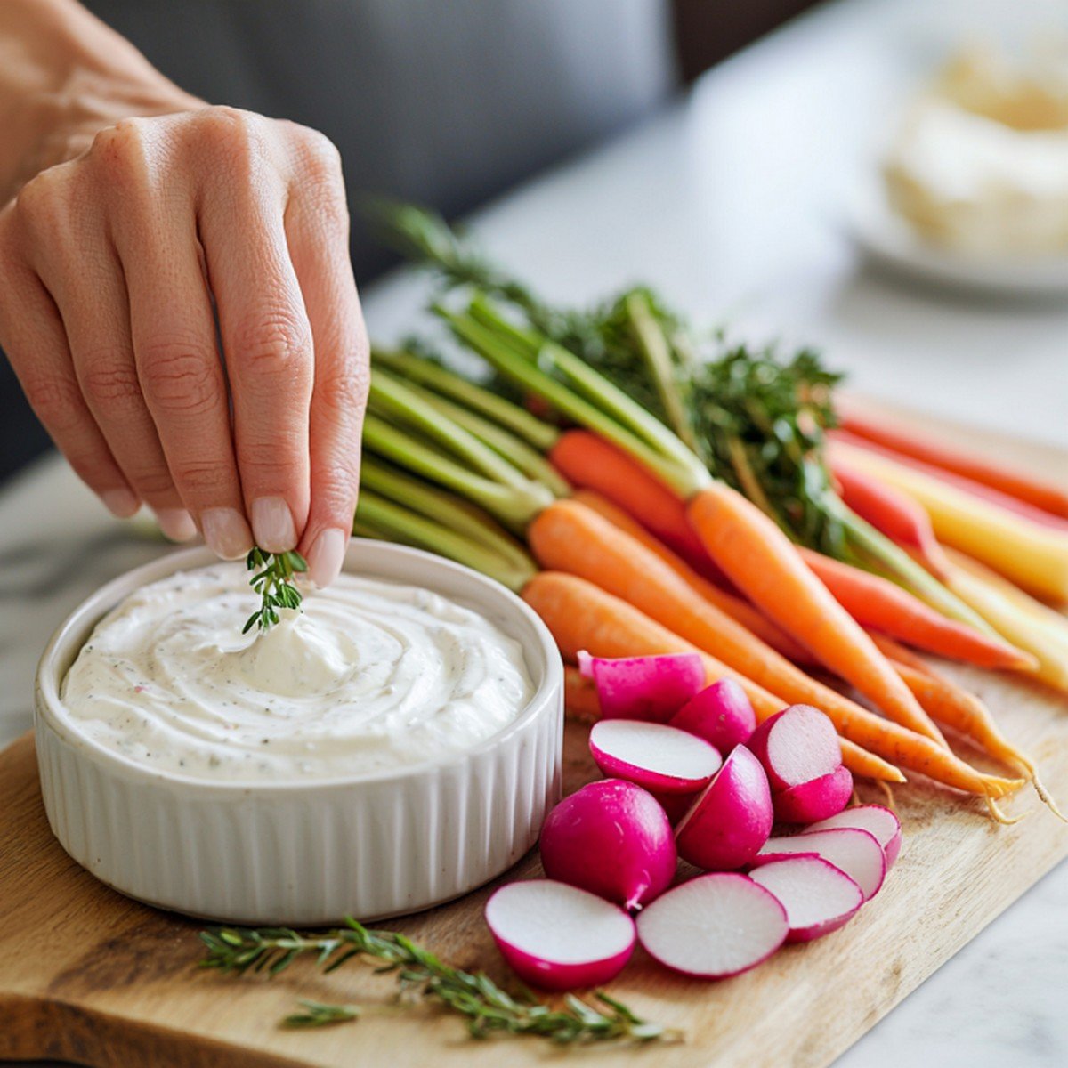 Mains disposant les légumes crus autour d'un bol de sauce fromage blanc — apéro maison