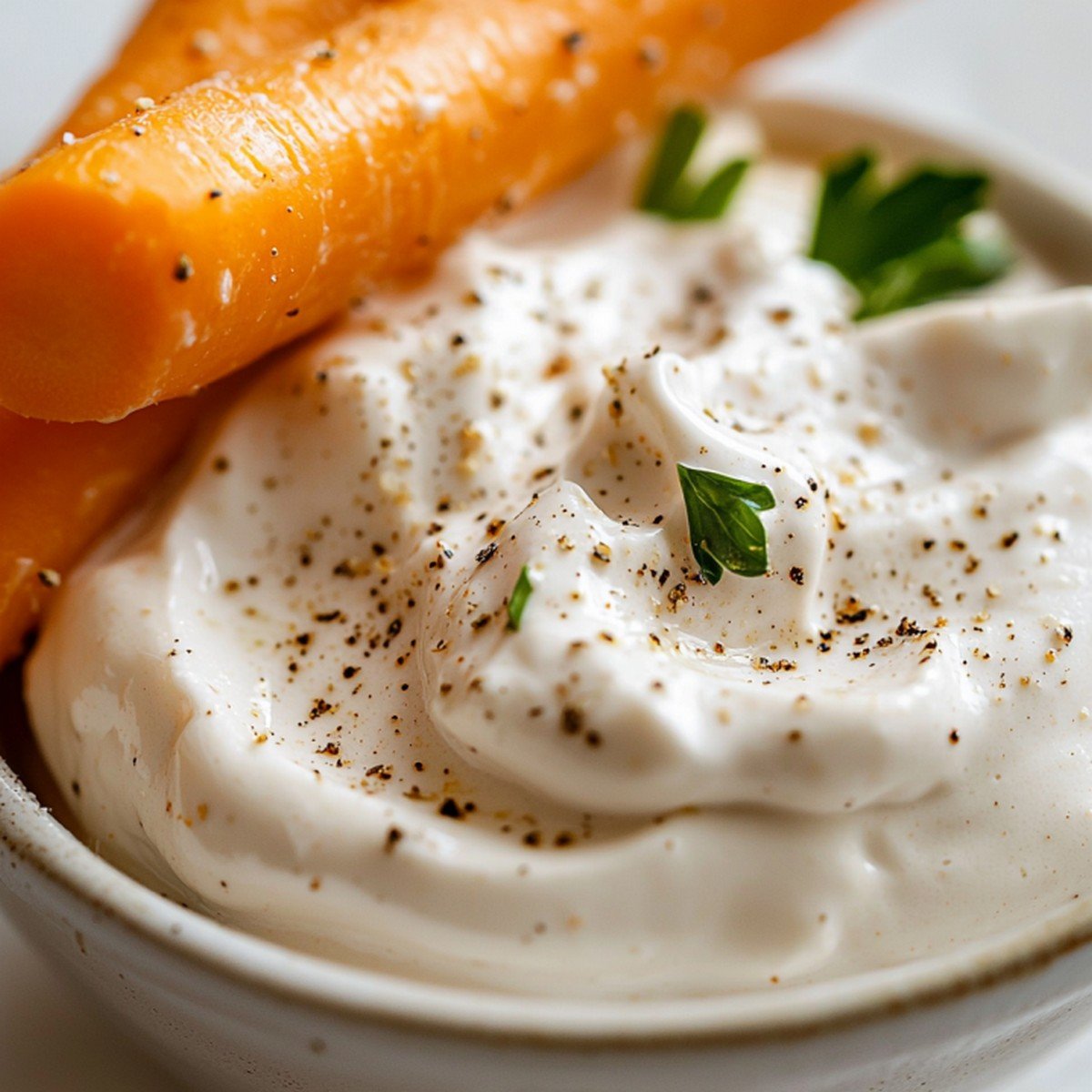 Texture crémeuse sauce fromage blanc sur bâtonnet de carotte — dip légumes crus maison