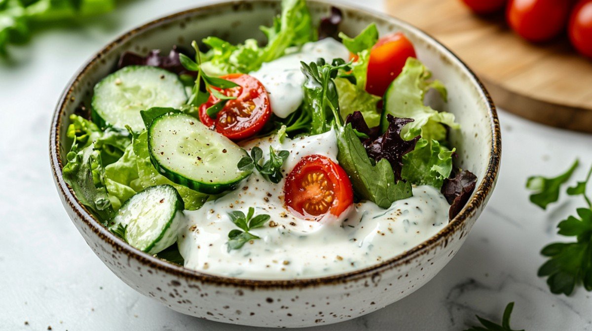Sauce fromage blanc pour salade maison dans bol céramique sur marbre blanc