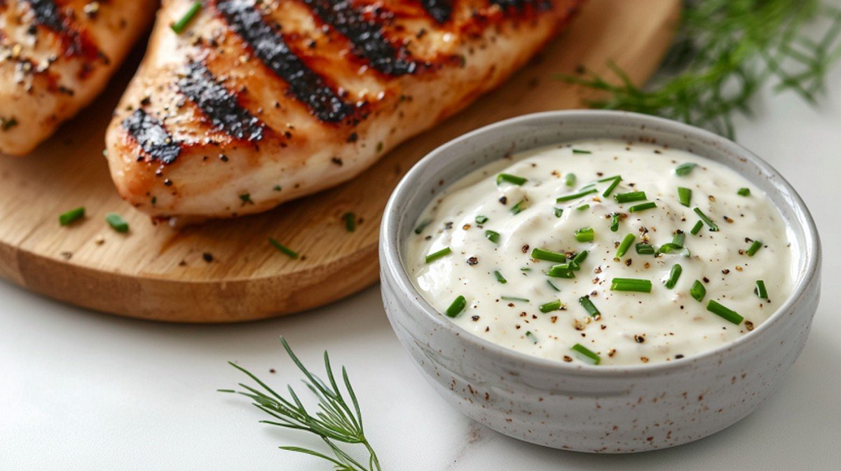 Sauce fromage blanc pour viande maison dans ramekin céramique sur marbre blanc"