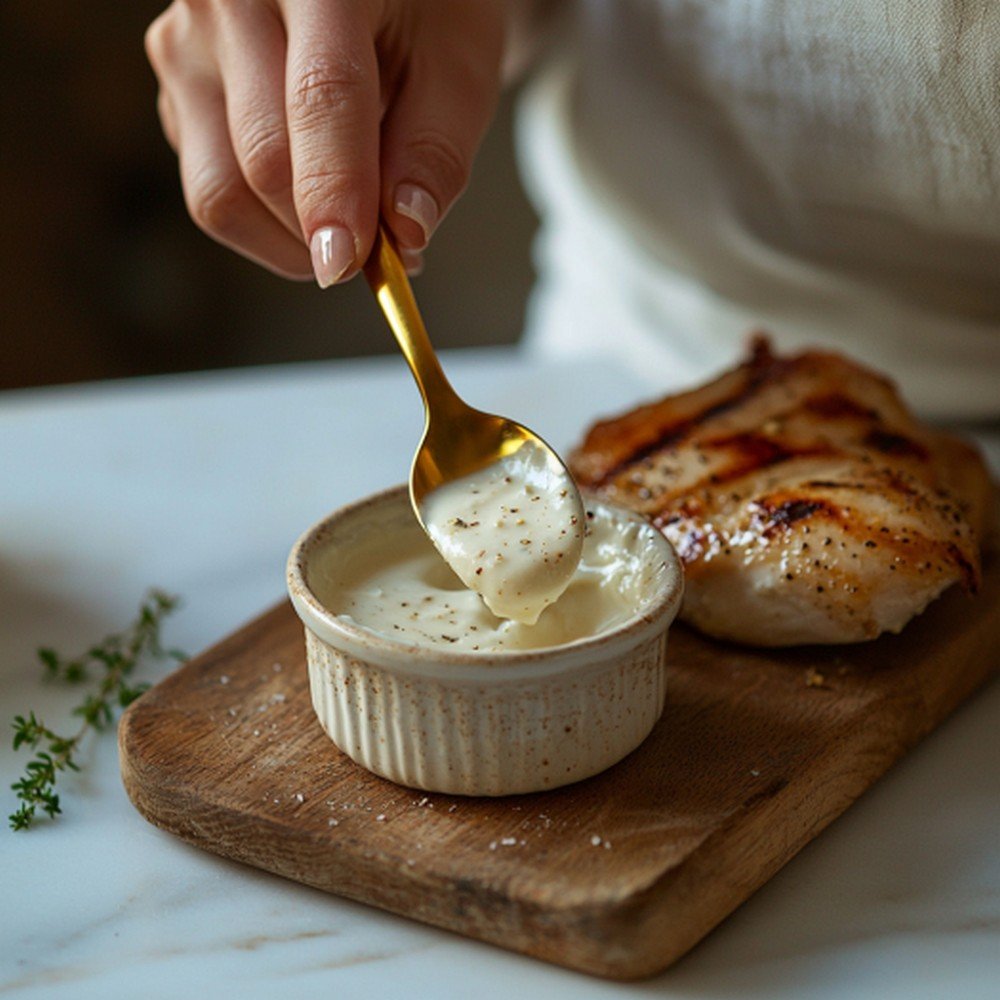 Technique service sauce fromage blanc avec viande grillée — mains authentiques sur marbre blanc