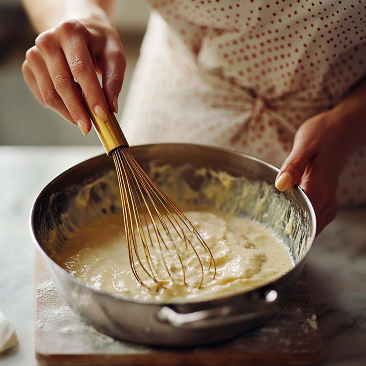 Mains de Camille incorporant la farine dans l'huile chaude dans une casserole à fond épais