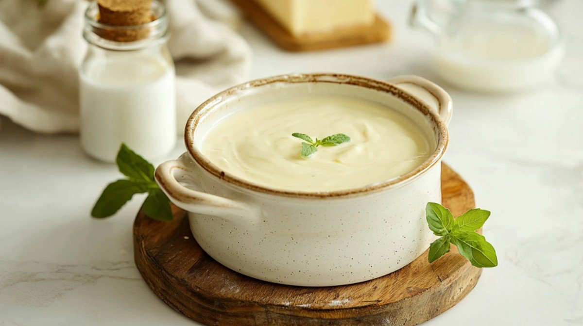 Béchamel sans beurre dans une casserole en céramique, bouteille d'huile de tournesol visible à côté, texture onctueuse et lisse