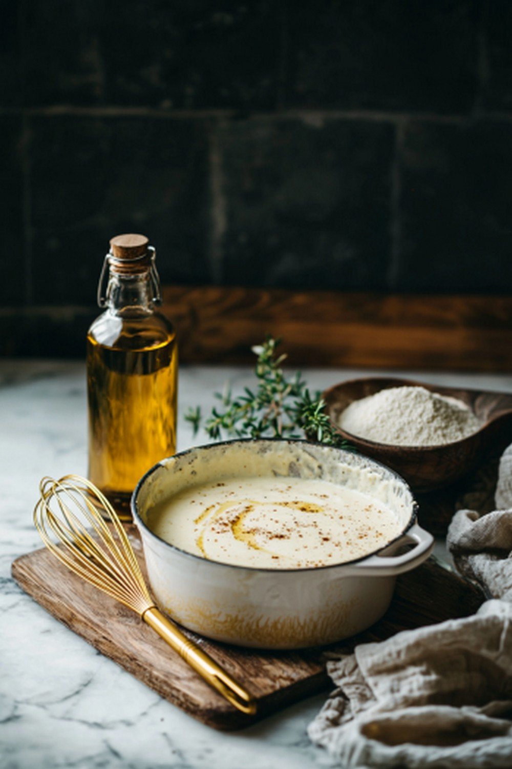 Préparation béchamel sans beurre avec bouteille d'huile visible, sauce crémeuse ivoire, fond sombre chaleureux