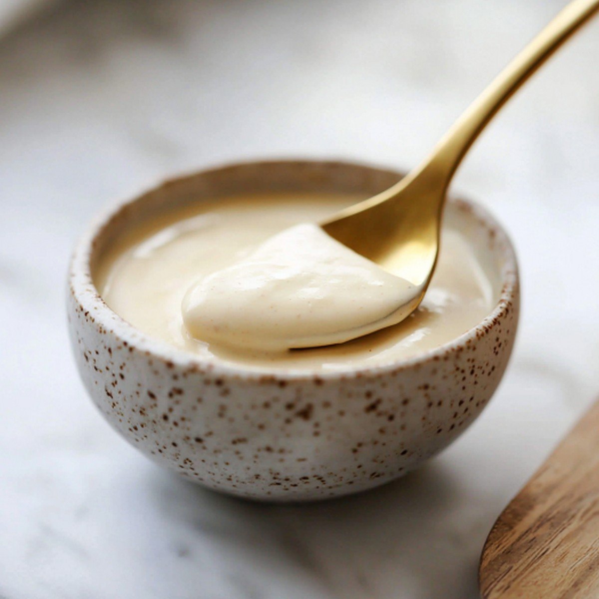 Béchamel sans beurre onctueuse dans un bol en céramique, texture lisse et crémeuse