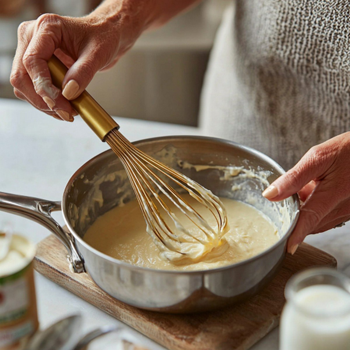 Mains de Camille fouettant la farine dans la margarine végétale fondue dans une casserole à fond épais