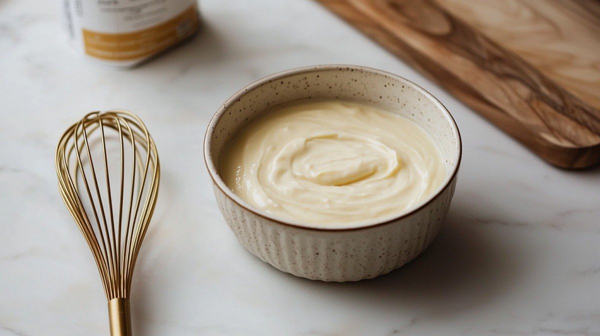 Béchamel vegan dans une casserole en céramique, lait d'avoine et margarine végétale visibles, texture onctueuse et lisse