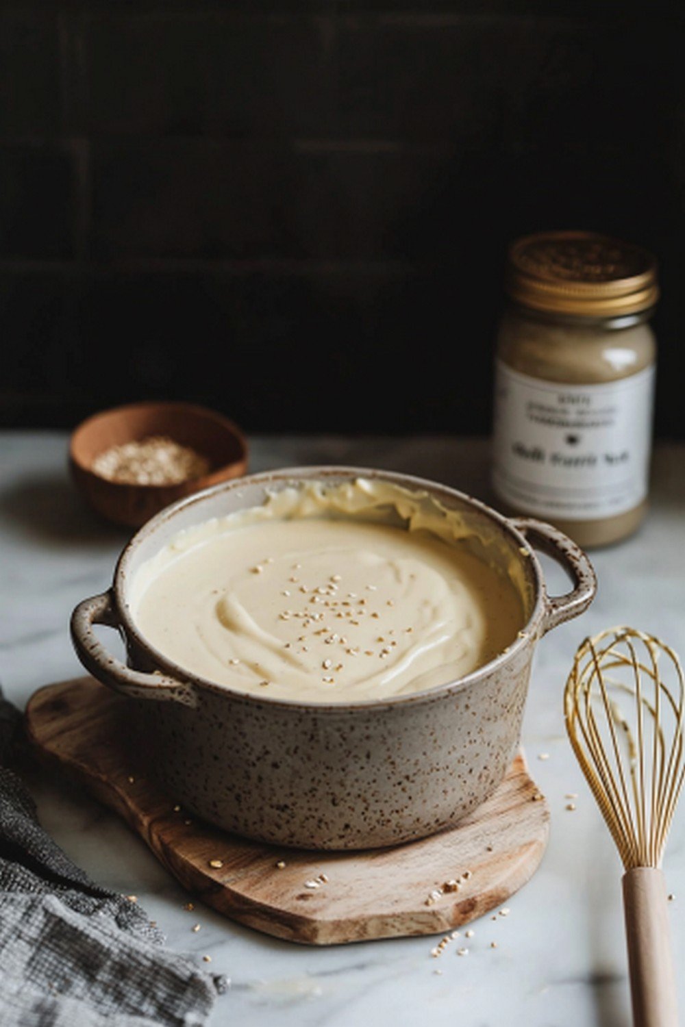 Préparation béchamel vegan avec lait d'avoine et margarine visibles, sauce crémeuse ivoire, fond sombre chaleureux