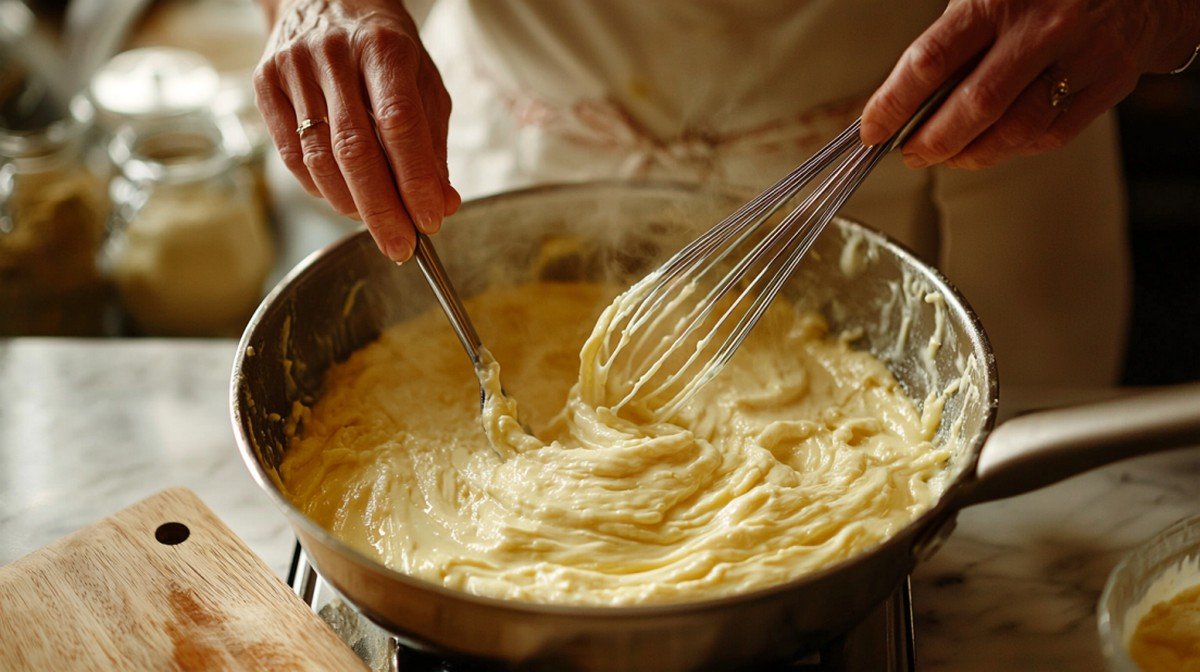 ains de Camille réalisant un roux dans une casserole, fouet visible, lumière naturelle