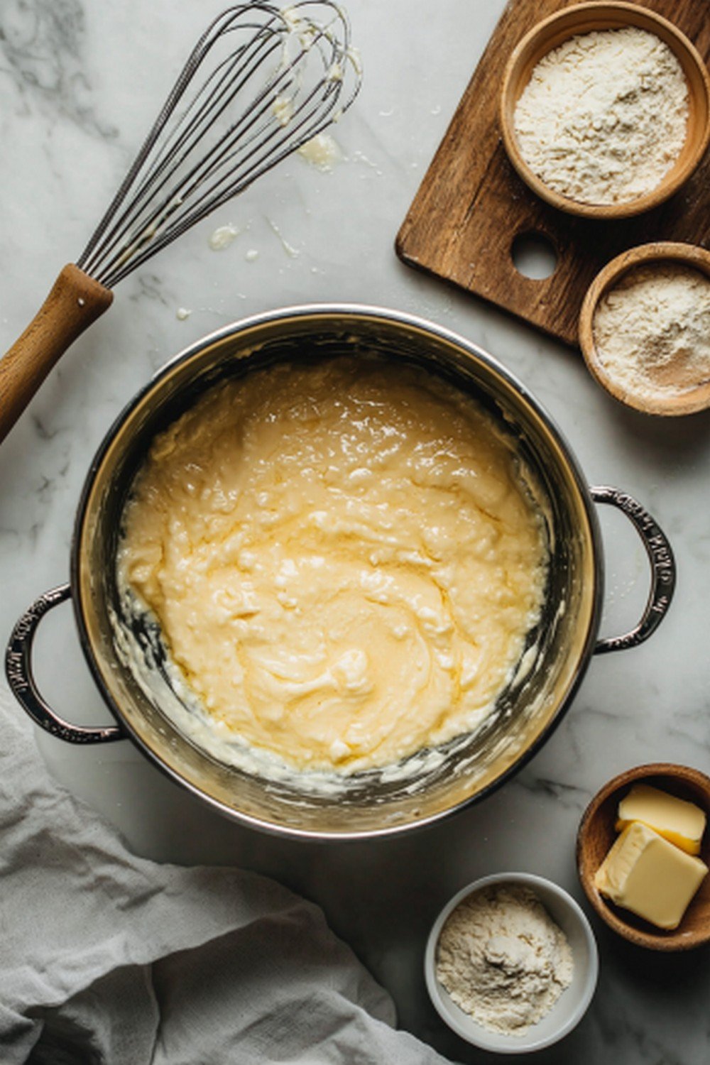 Roux doré dans une casserole sur fond sombre 
