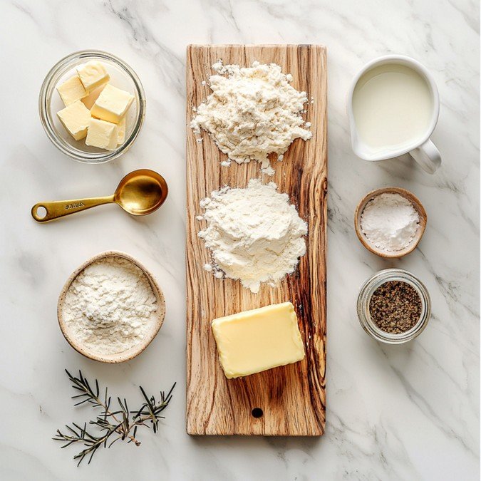 Mise en place ingrédients sauce béchamel — beurre farine lait sur marbre blanc