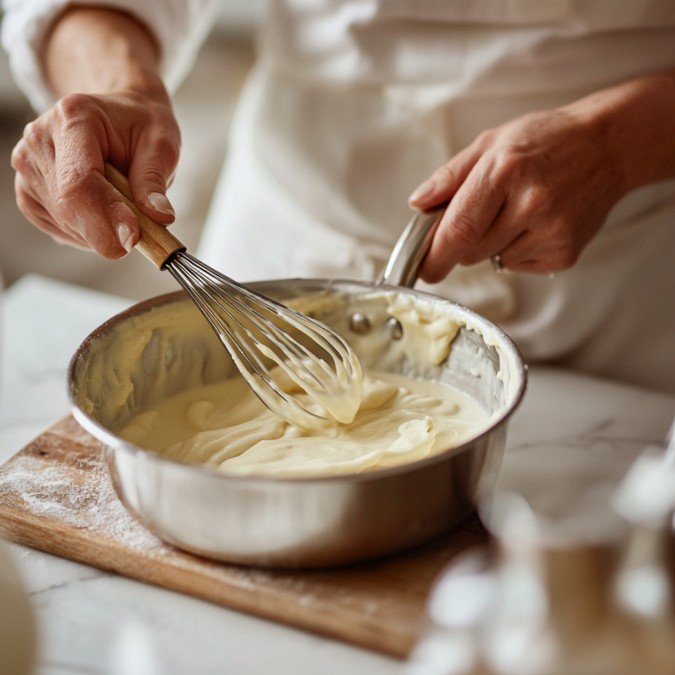 Réalisation sauce béchamel — geste de fouettage, mains authentiques