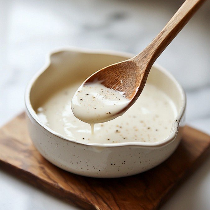 Consistance sauce béchamel en formation — cuillère en mouvement