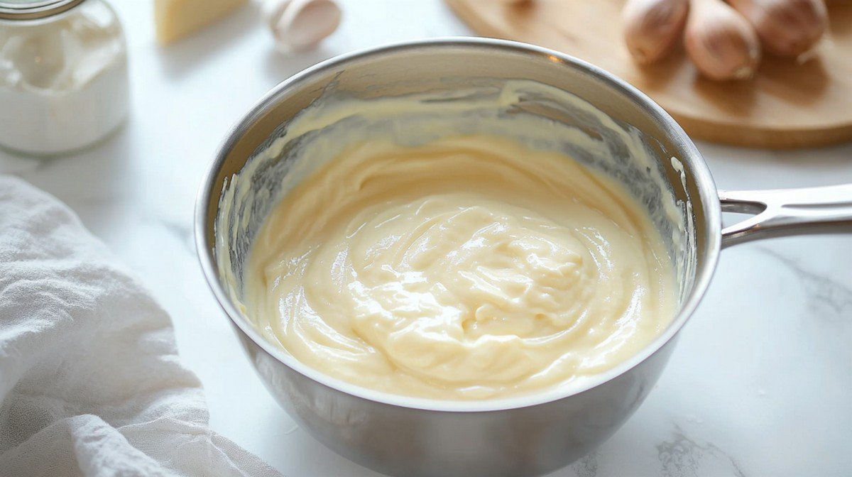 Sauce béchamel express maison dans une casserole sur marbre blanc