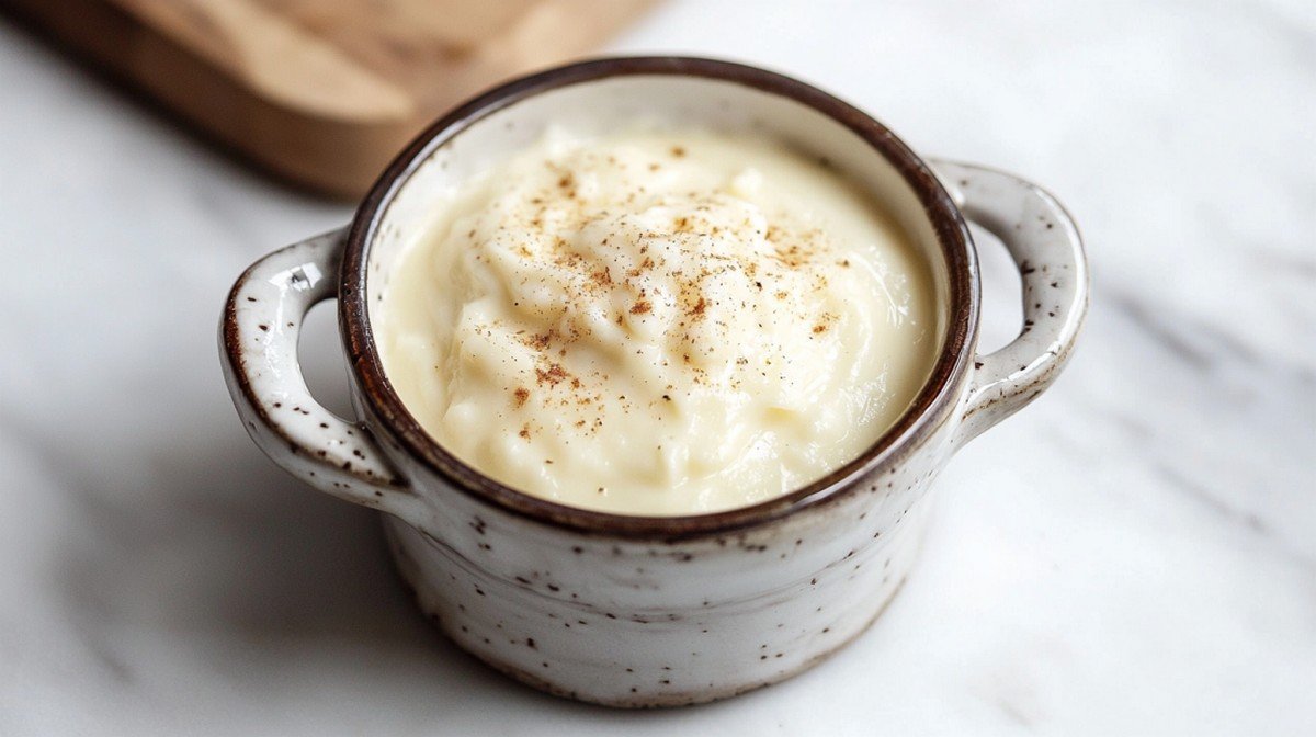 Sauce béchamel maison dans une casserole inox sur marbre blanc