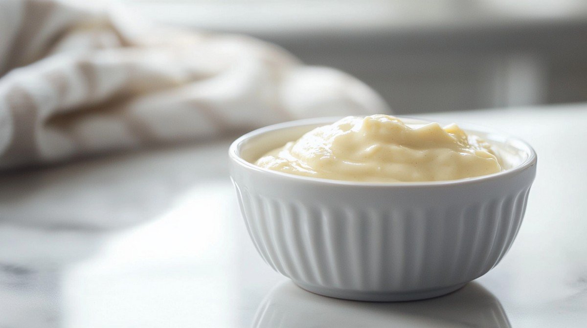 Sauce béchamel micro-ondes maison dans un bol sur marbre blanc