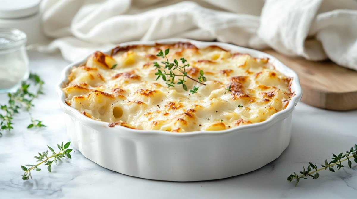 Sauce béchamel maison servie sur gratin de pâtes