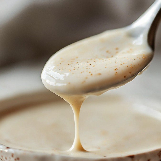 Texture crémeuse sauce béchamel maison — cuillère en mouvement