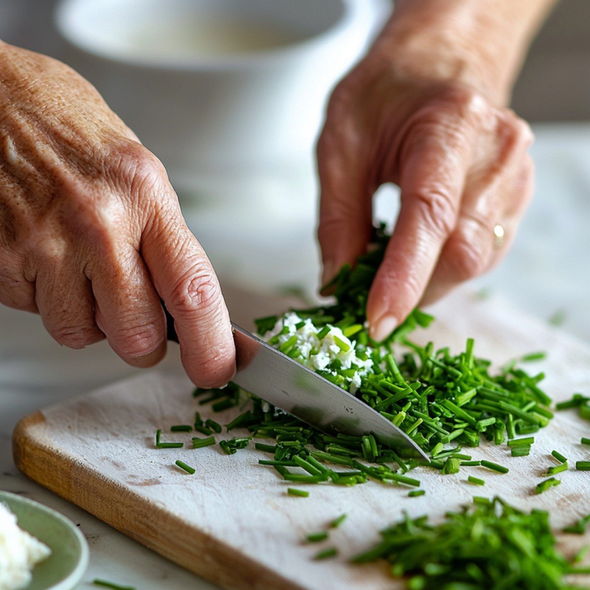 Mains qui cisèlent la ciboulette fraîche pour préparer la sauce fromage blanc