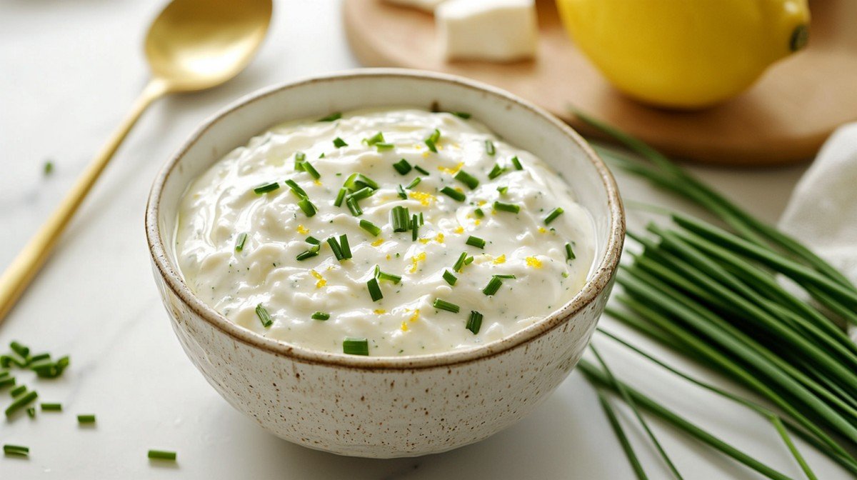 Sauce fromage blanc ciboulette maison dans un bol en céramique sur marbre blanc