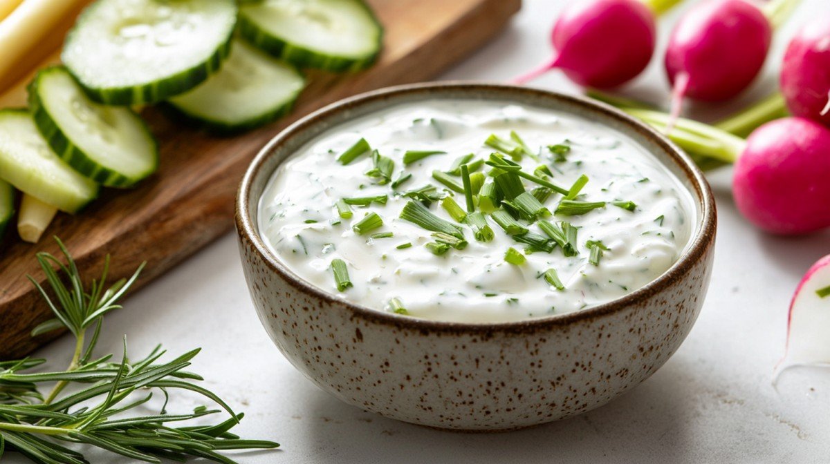 Sauce fromage blanc ciboulette servie avec des crudités sur une planche en bois