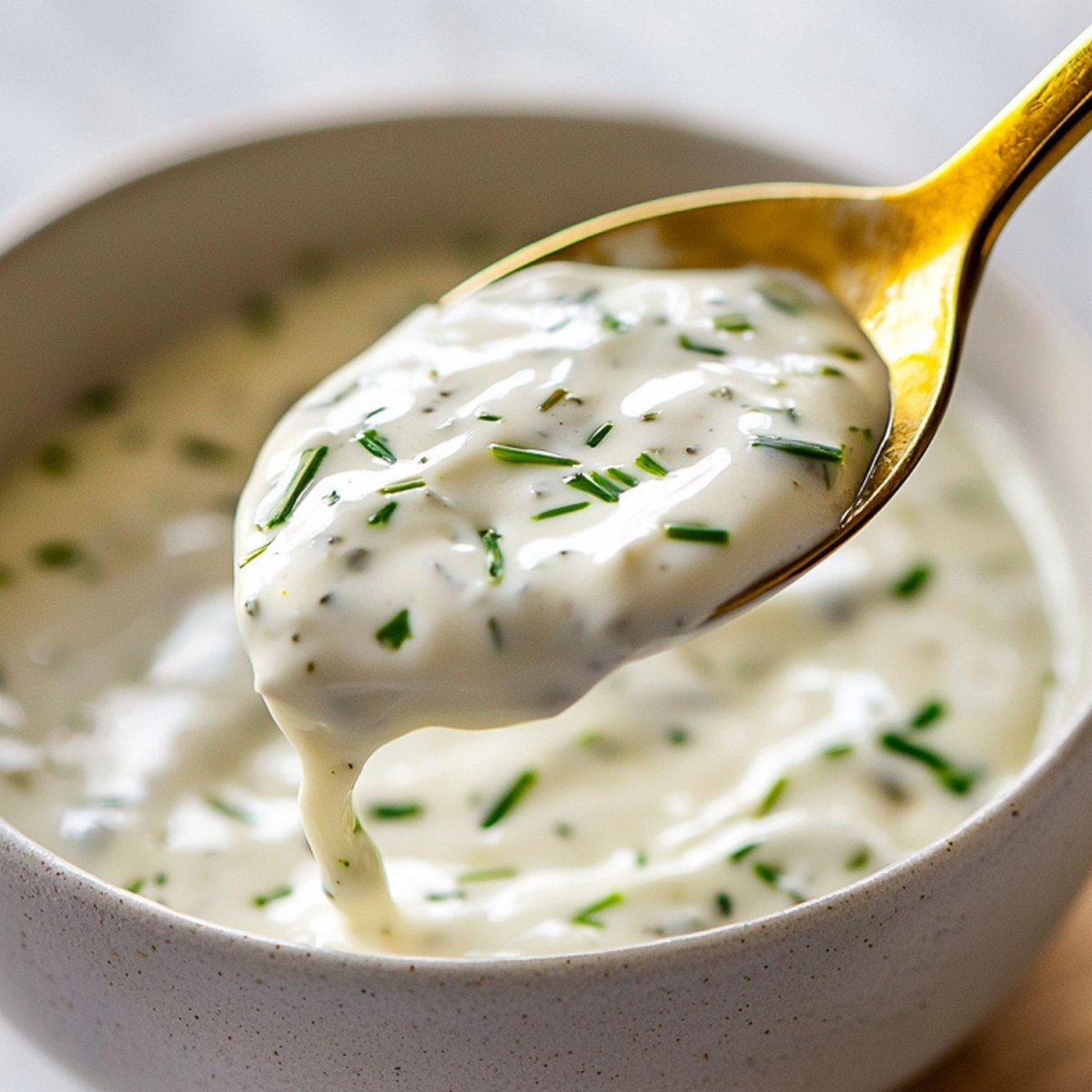 Texture onctueuse de la sauce fromage blanc ciboulette sur cuillère en bois
