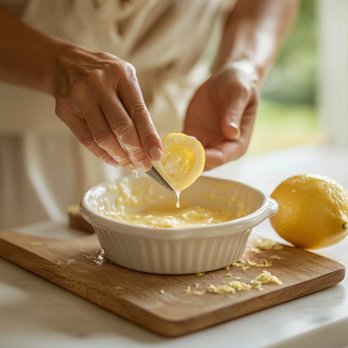 Mains pressant un citron sur du fromage blanc dans un bol — préparation de la sauce