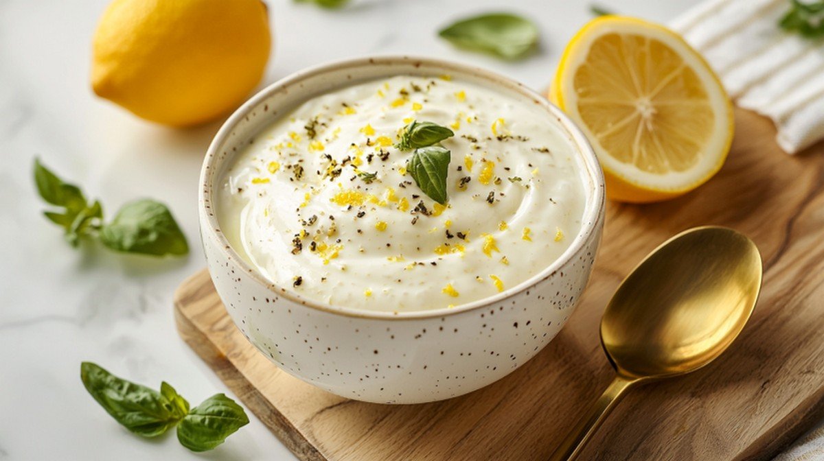 Sauce fromage blanc citron maison dans un bol en céramique avec citron frais sur marbre blanc