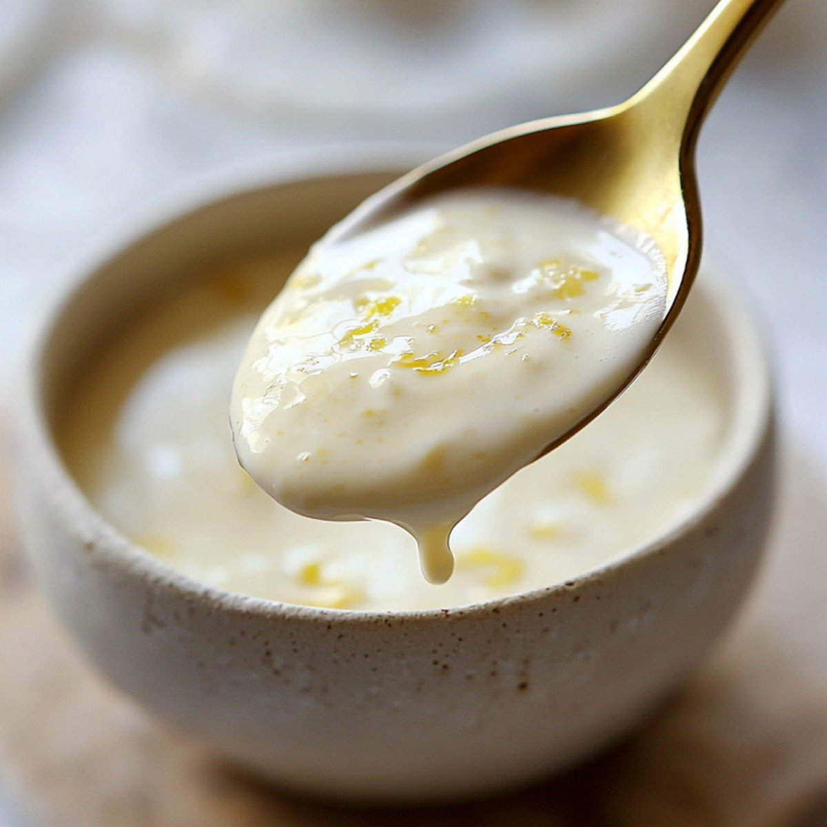 Texture crémeuse de la sauce fromage blanc citron — cuillère en mouvement sur marbre blanc