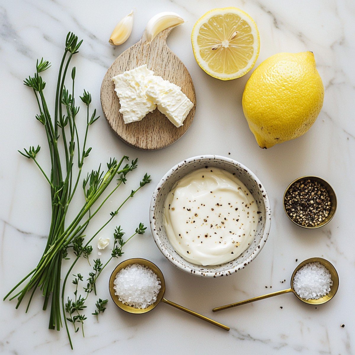 Ingrédients sauce fromage blanc maison — mise en place sur marbre blanc