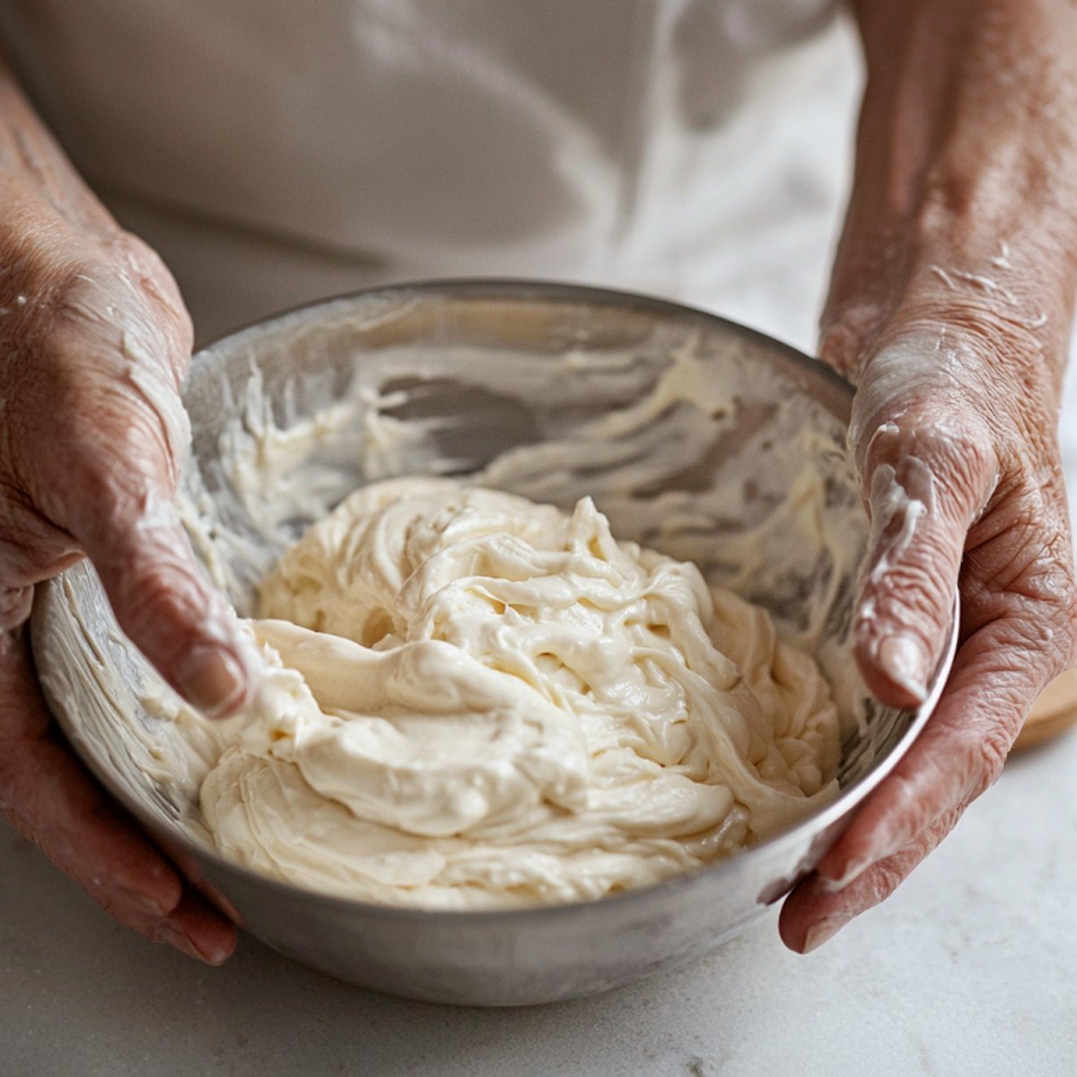 Réalisation sauce fromage blanc — geste de mélange, mains authentiques