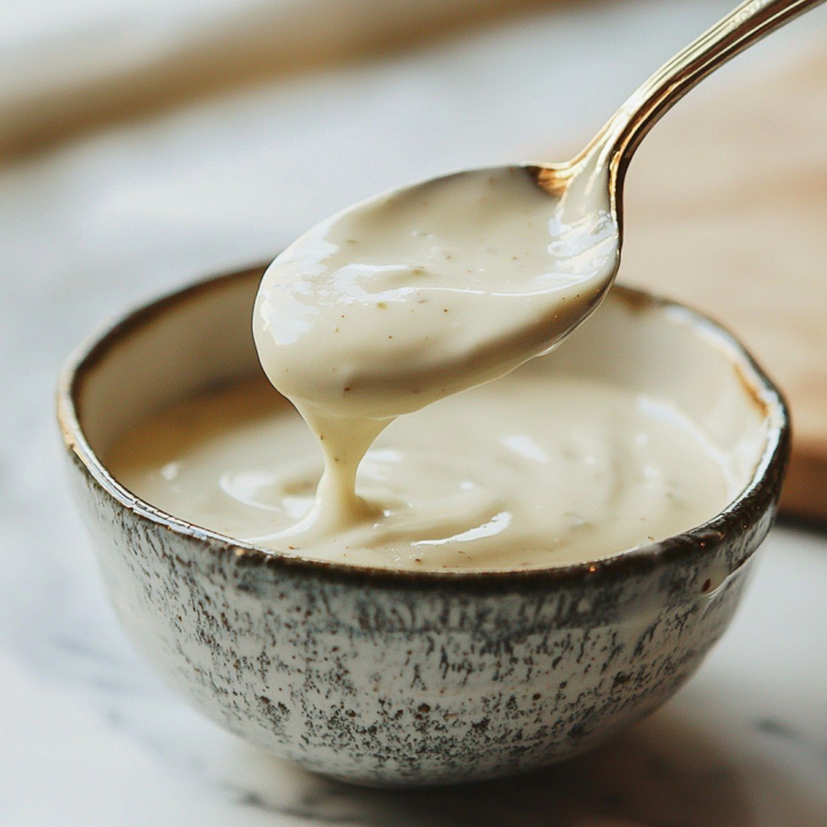 Consistance sauce fromage blanc maison — cuillère révélant la texture parfaite"