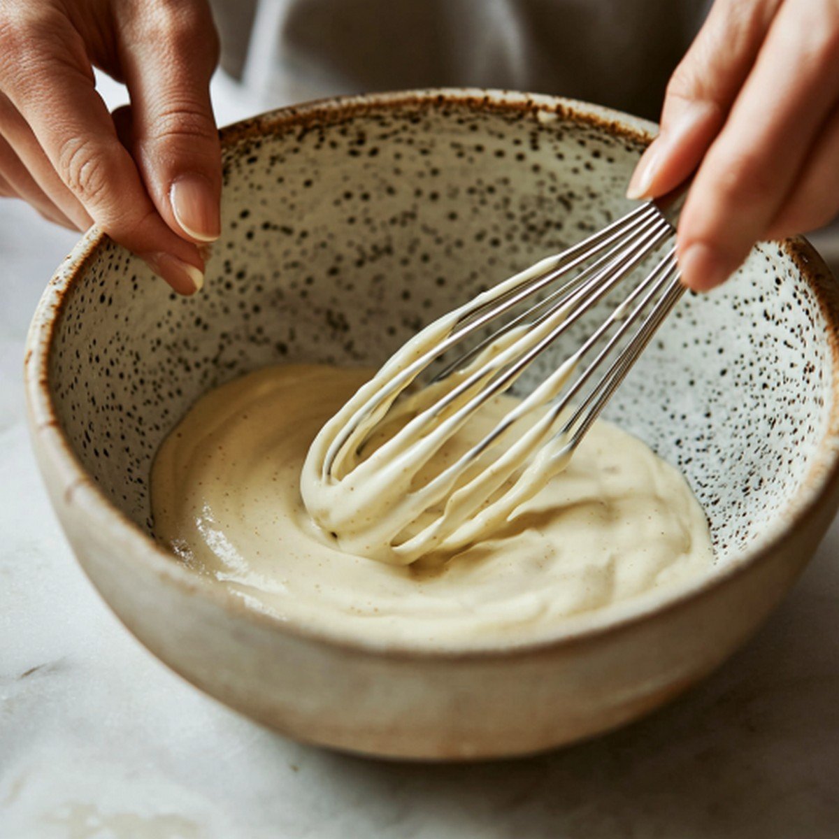 Mains préparant la sauce fromage blanc express avec un fouet cuisine