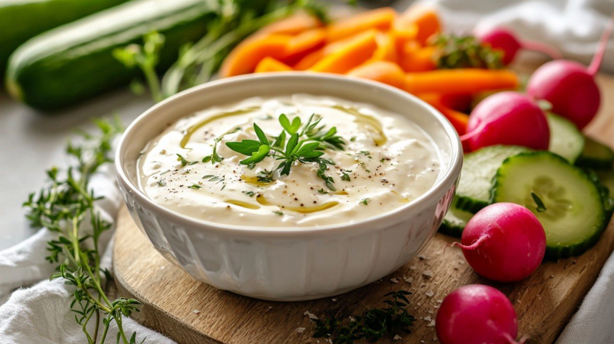 Sauce fromage blanc express servie avec des crudités fraîches sur planche bois