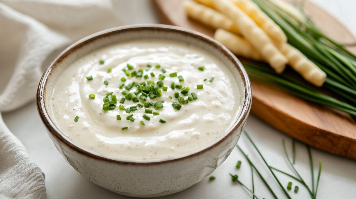 Sauce fromage blanc maison dans un bol en céramique sur marbre blanc