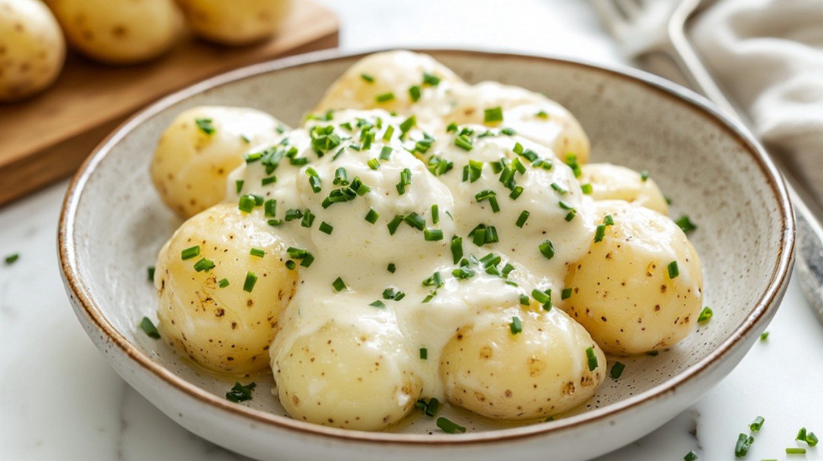 Sauce fromage blanc pour pommes de terre maison dans assiette céramique sur marbre blanc