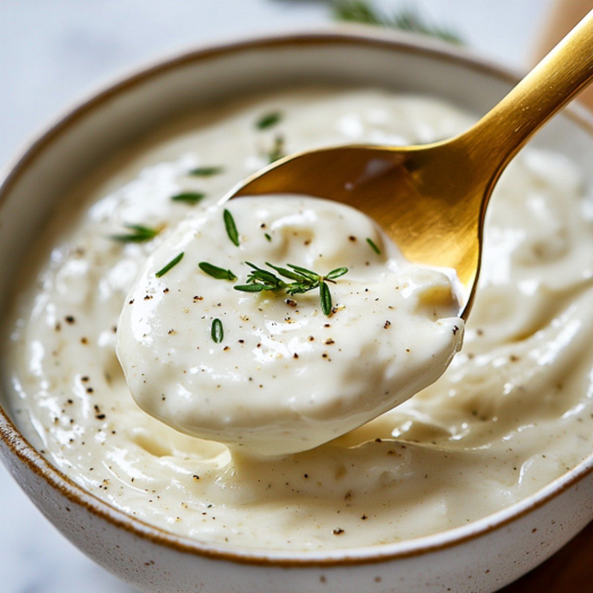 Consistance idéale sauce fromage blanc pour pommes de terre — cuillère nappante sur marbre blanc