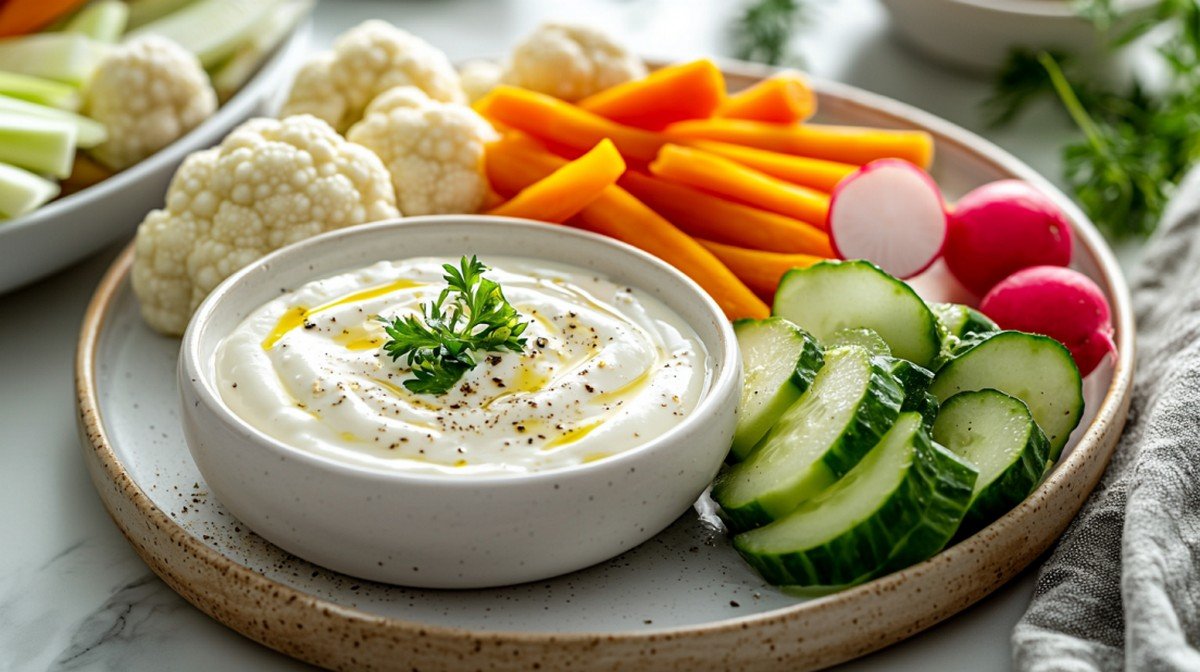Sauce fromage blanc maison servie avec crudités et légumes frais