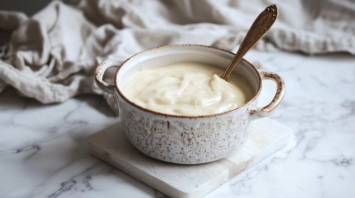 Sauce béchamel lisse et réussie après rattrapage — texture parfaite sur marbre blanc