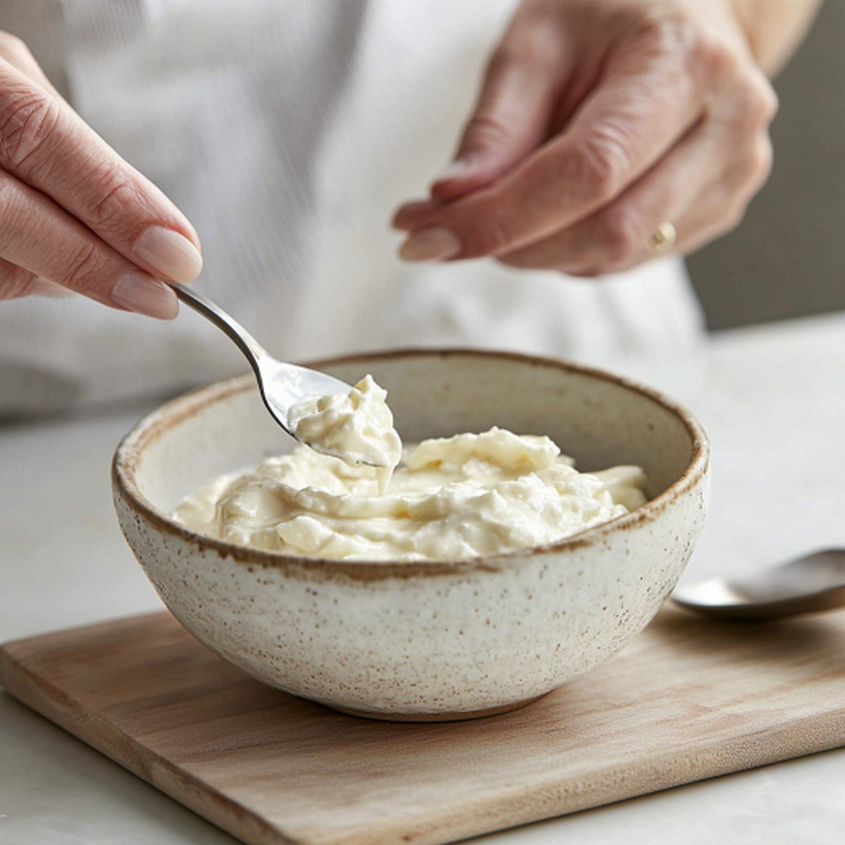 Rattrapage sauce fromage blanc trop épaisse — dilution progressive mains authentiques