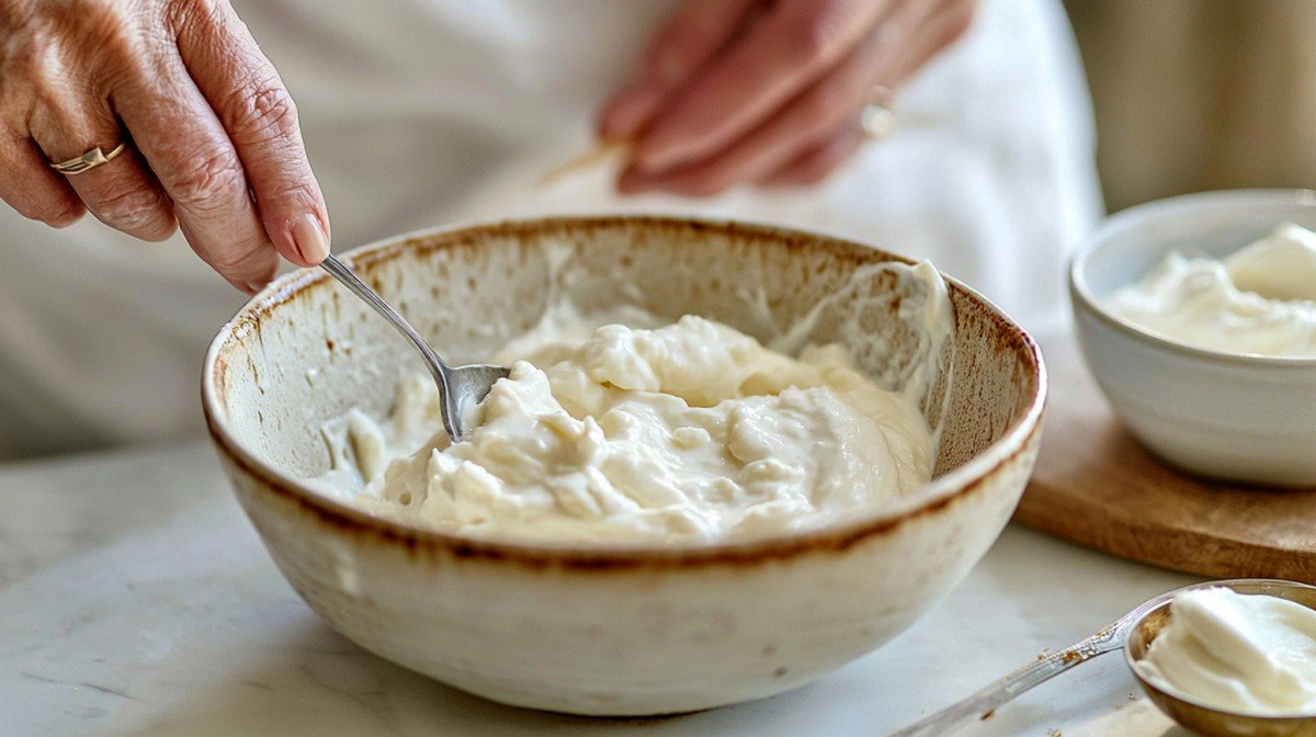 Épaissir une sauce fromage blanc — geste démonstratif mains authentiques en cuisine

